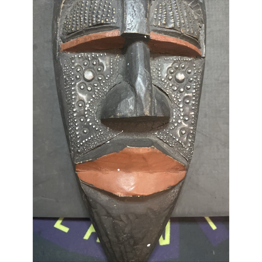 Vintage Marka Mali Tribal Mask Hand Carved Wood Brass Metal African Art 14"